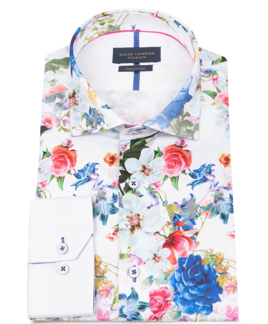 Guide London | Long Sleeve Placement Floral Print Shirt White/Multi