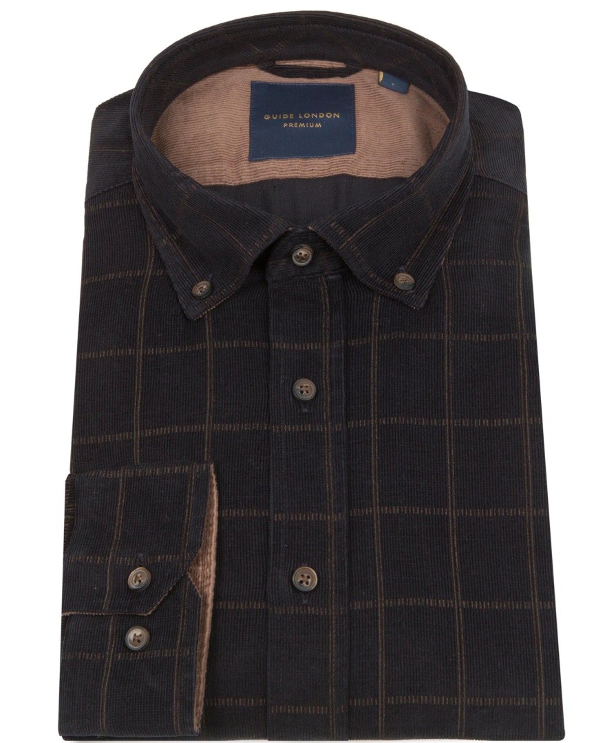 Guide London | Long Sleeve Corduroy Check Shirt Navy