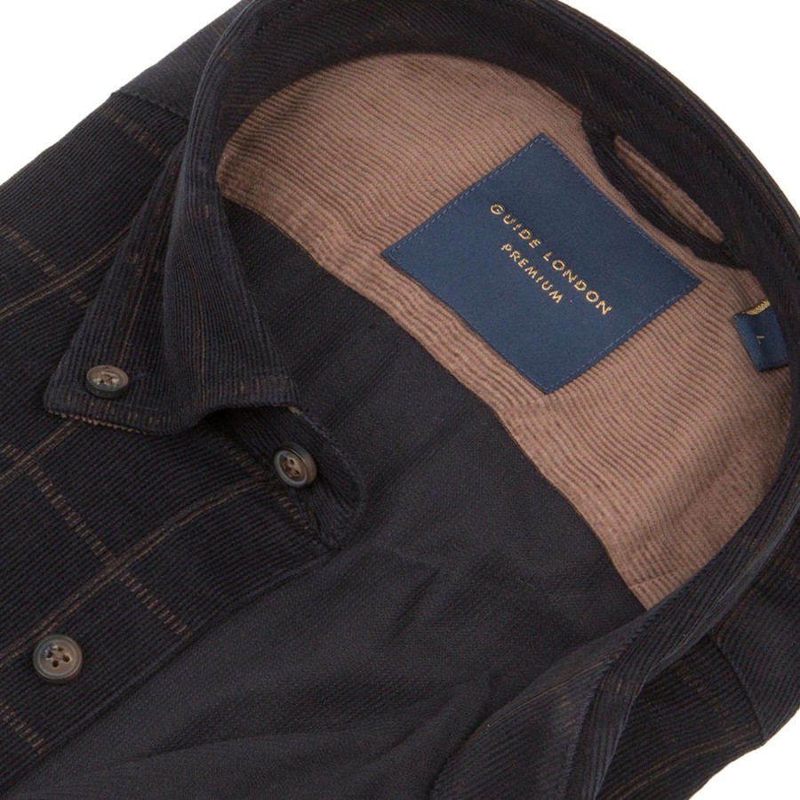 Guide London | Long Sleeve Corduroy Check Shirt Navy