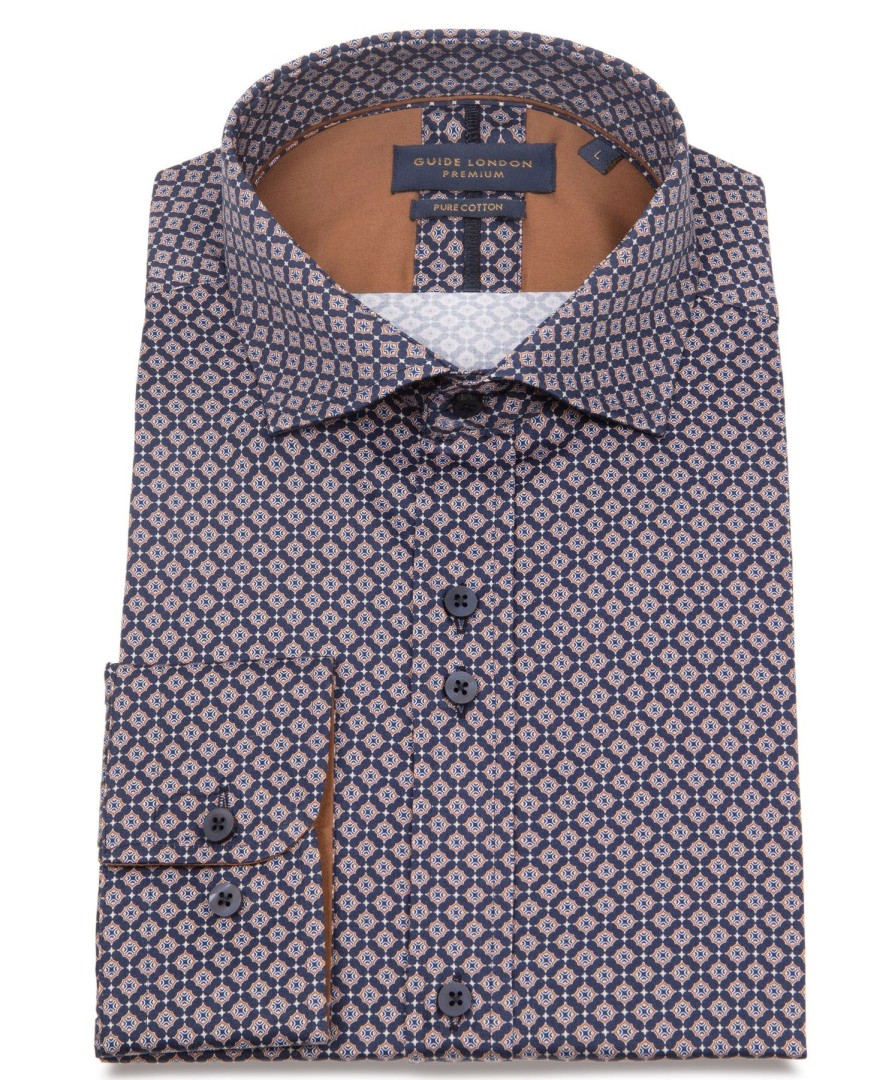 Guide London | Geometric Pattern Long Sleeve Cotton Shirt Navy/Tan