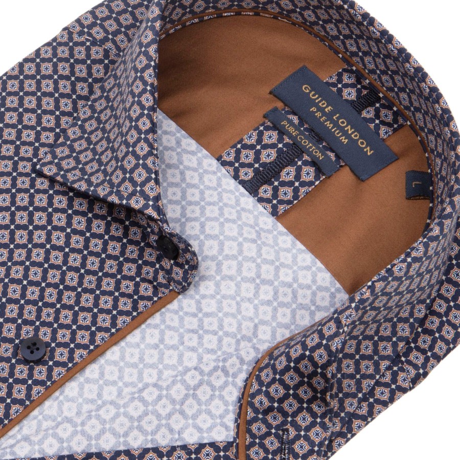 Guide London | Geometric Pattern Long Sleeve Cotton Shirt Navy/Tan