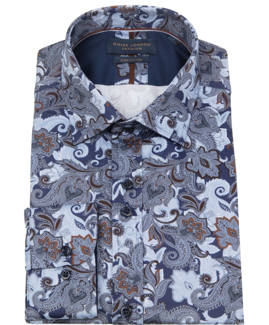 Guide London | Blue And Brown Paisley Shirt In Premium Cotton Multi