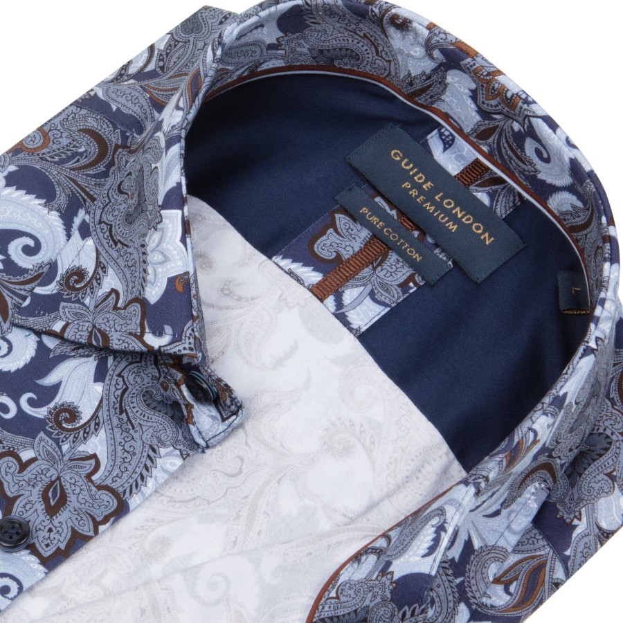 Guide London | Blue And Brown Paisley Shirt In Premium Cotton Multi