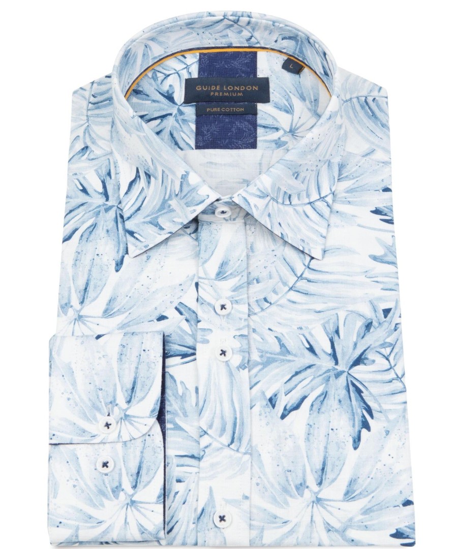 Guide London | Long Sleeve Floral On Slub Shirt White/Blue