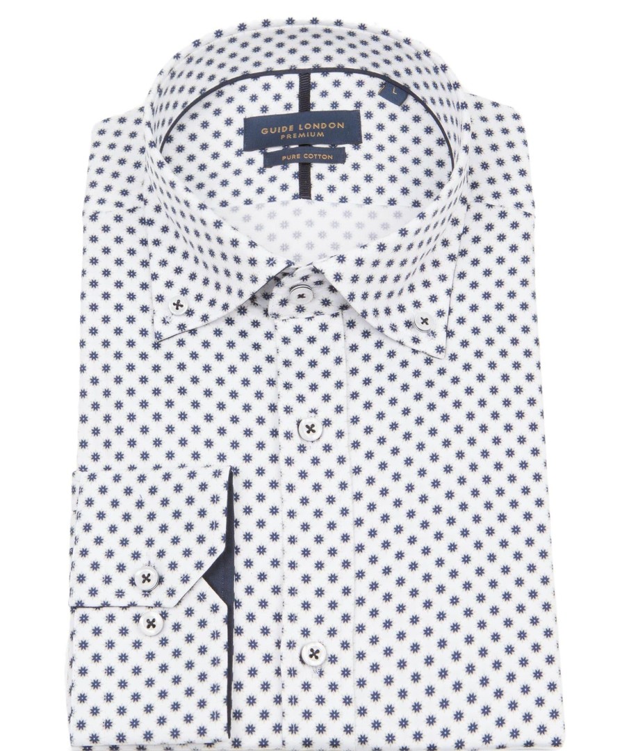 Guide London | Long Sleeve Geometric Print Shirt White/Tan