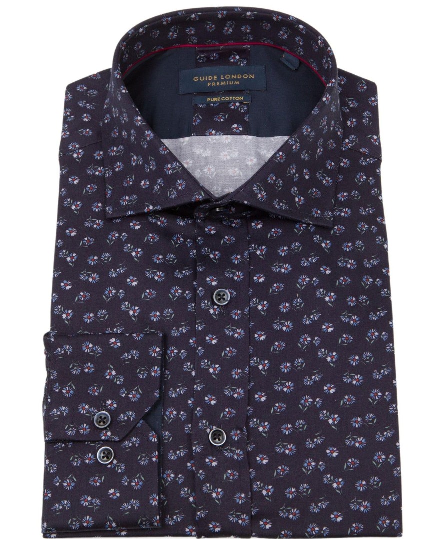 Guide London | Long Sleeve Fower Motif Print Shirt Navy