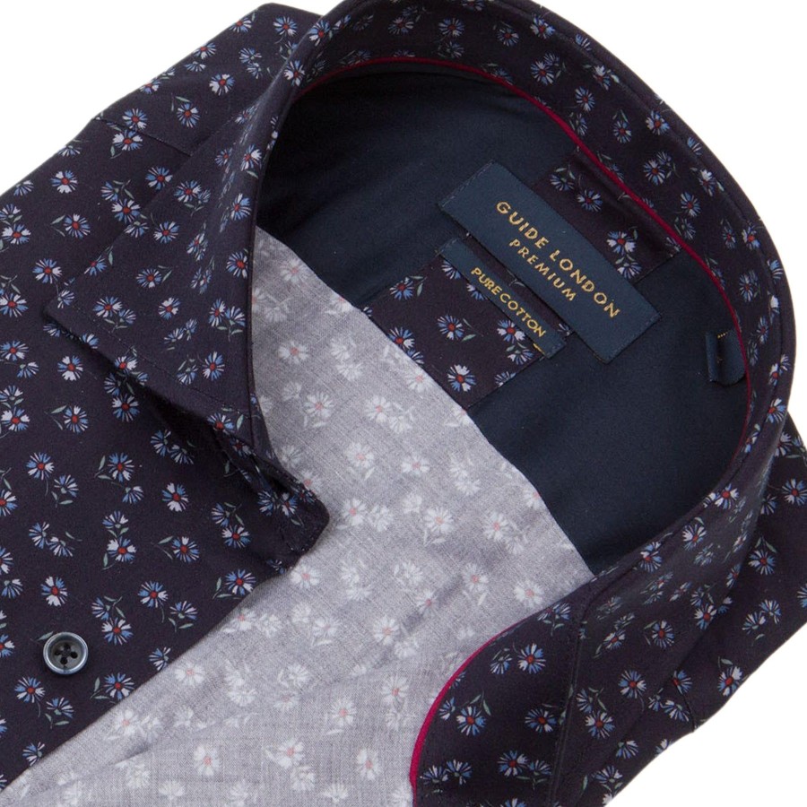 Guide London | Long Sleeve Fower Motif Print Shirt Navy