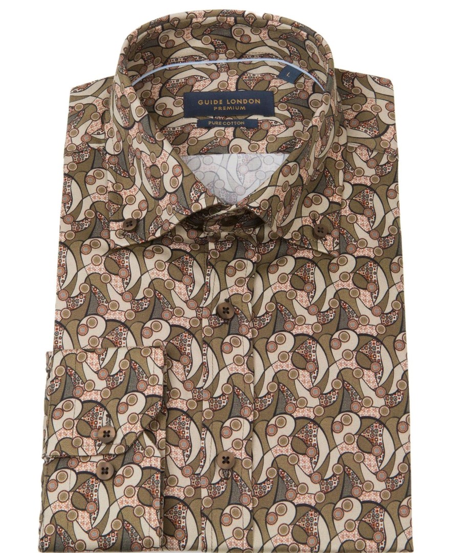 Guide London | Mens Long Sleeve 70S Inspired Print Shirt Tan