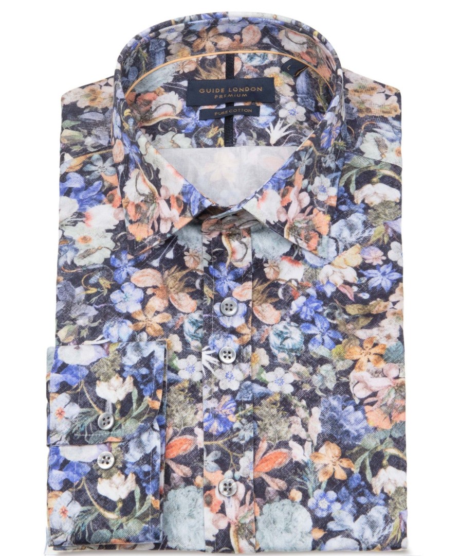 Guide London | Long Sleeve Floral Cotton Shirt Navy