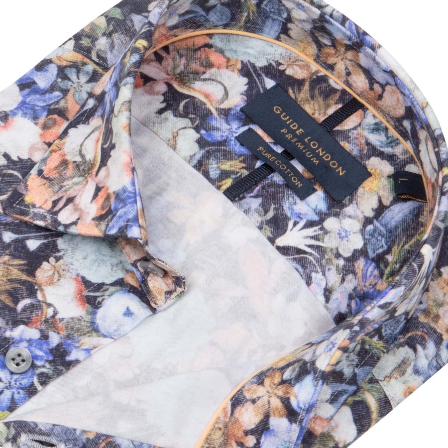 Guide London | Long Sleeve Floral Cotton Shirt Navy