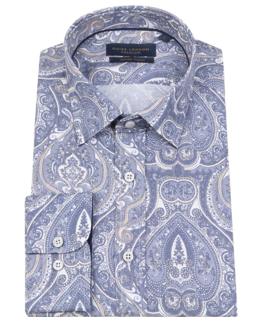 Guide London | Long Sleeve Weather Paisley Print Shirt White/Blue