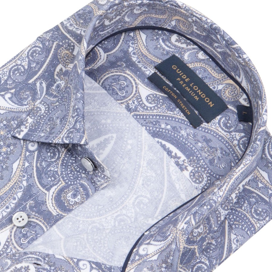 Guide London | Long Sleeve Weather Paisley Print Shirt White/Blue