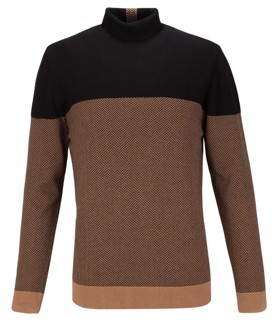 Guide London | Long Sleeve Herringbone Roll Neck Jumper Black/Camel