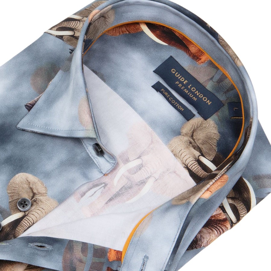 Guide London | Elephant Motif Long Sleeve Cotton Shirt Blue