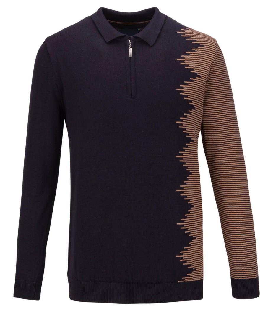 Guide London | Long Sleeve Contrast Sleeve Polo Navy/Camel