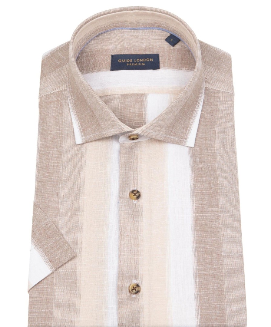 Guide London | Short Sleeve Cotton Linen Stripe Shirt Tan