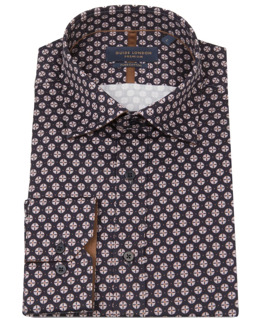 Guide London | Long Sleeve Emblem Print Shirt Navy/Tan