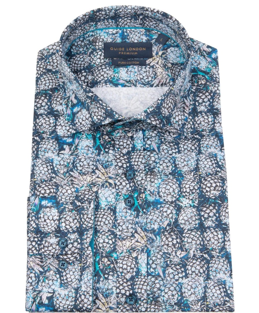 Guide London | Long Sleeve Tonal Pineapple Print Shirt Blue