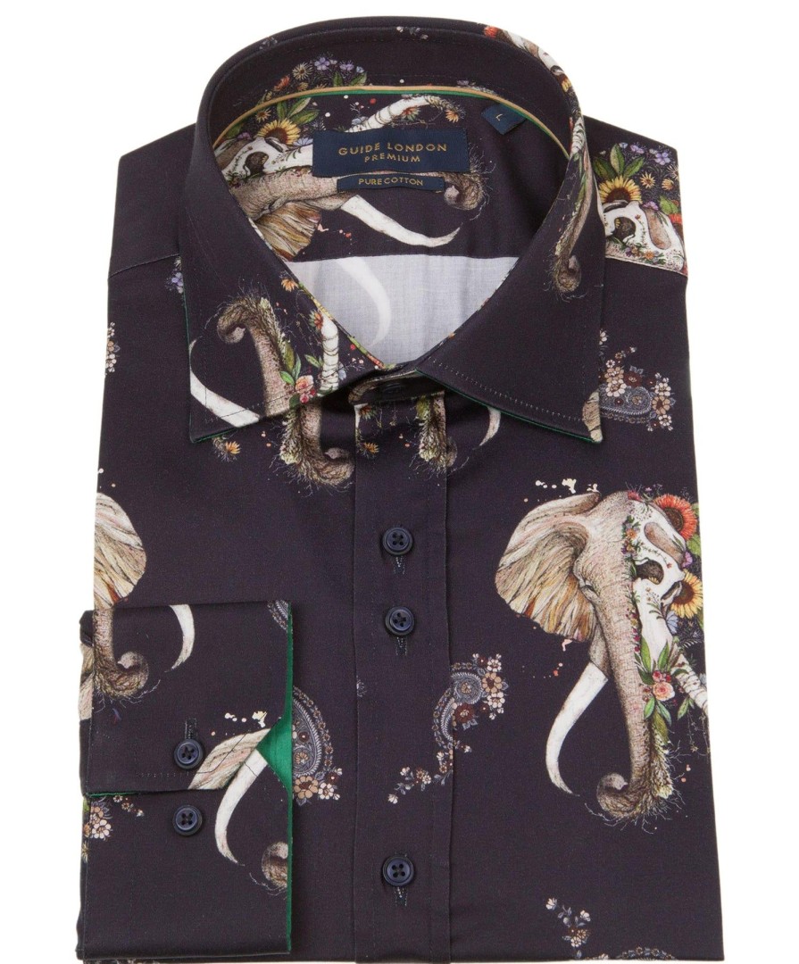 Guide London | Long Sleeve Elephant Nature Print Shirt Navy