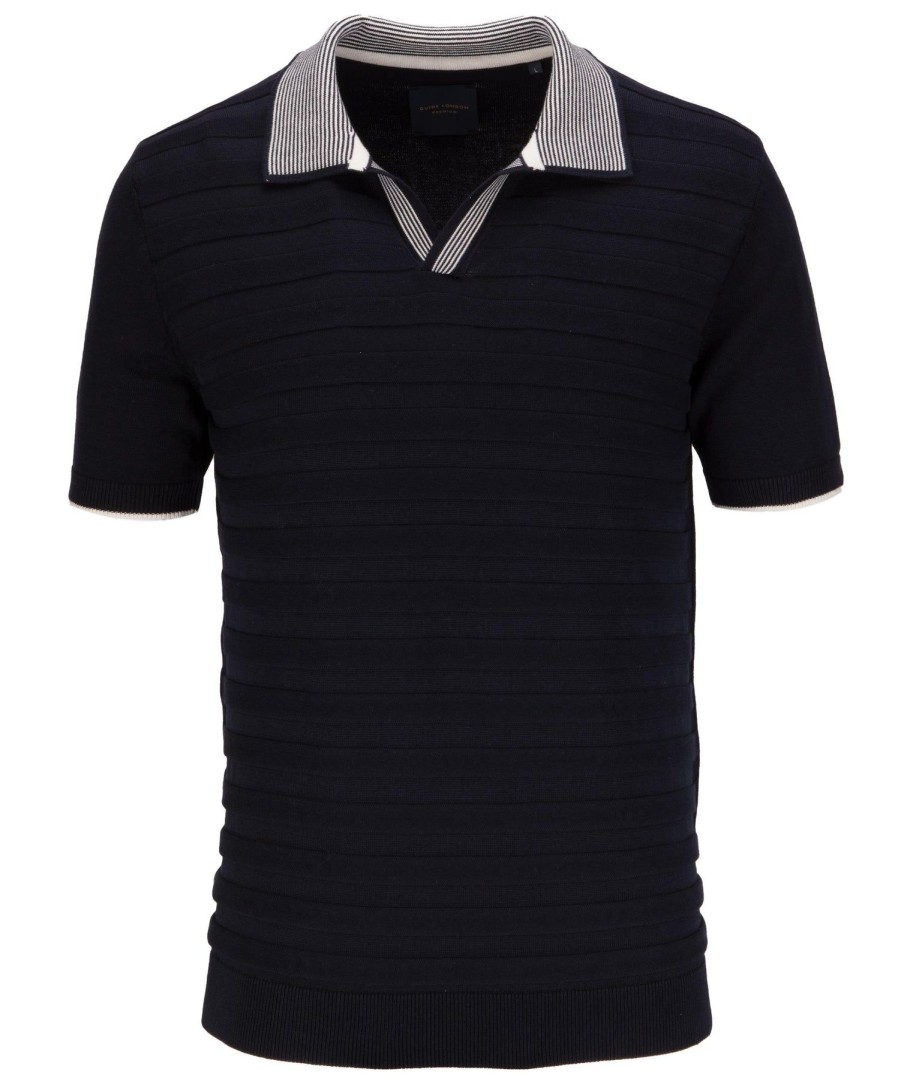 Guide London | Short Sleeve Open Neck Stripe Rib Knitted Polo