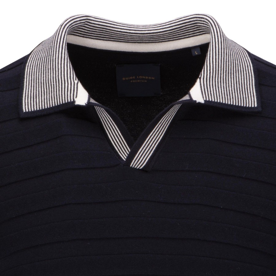 Guide London | Short Sleeve Open Neck Stripe Rib Knitted Polo