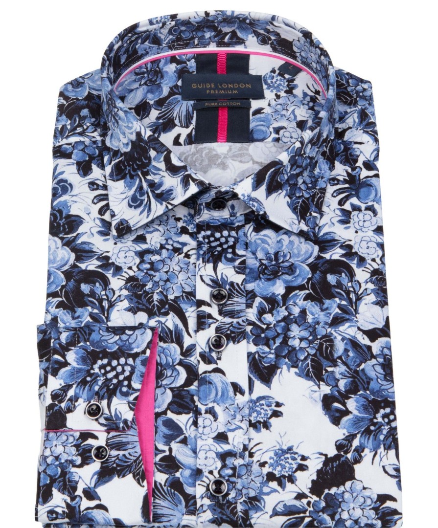 Guide London | Blue And White Floral Long Sleeve Cotton Shirt White/Blue