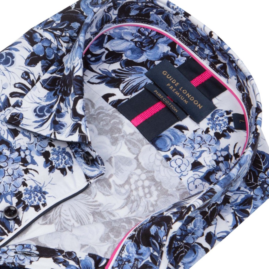 Guide London | Blue And White Floral Long Sleeve Cotton Shirt White/Blue