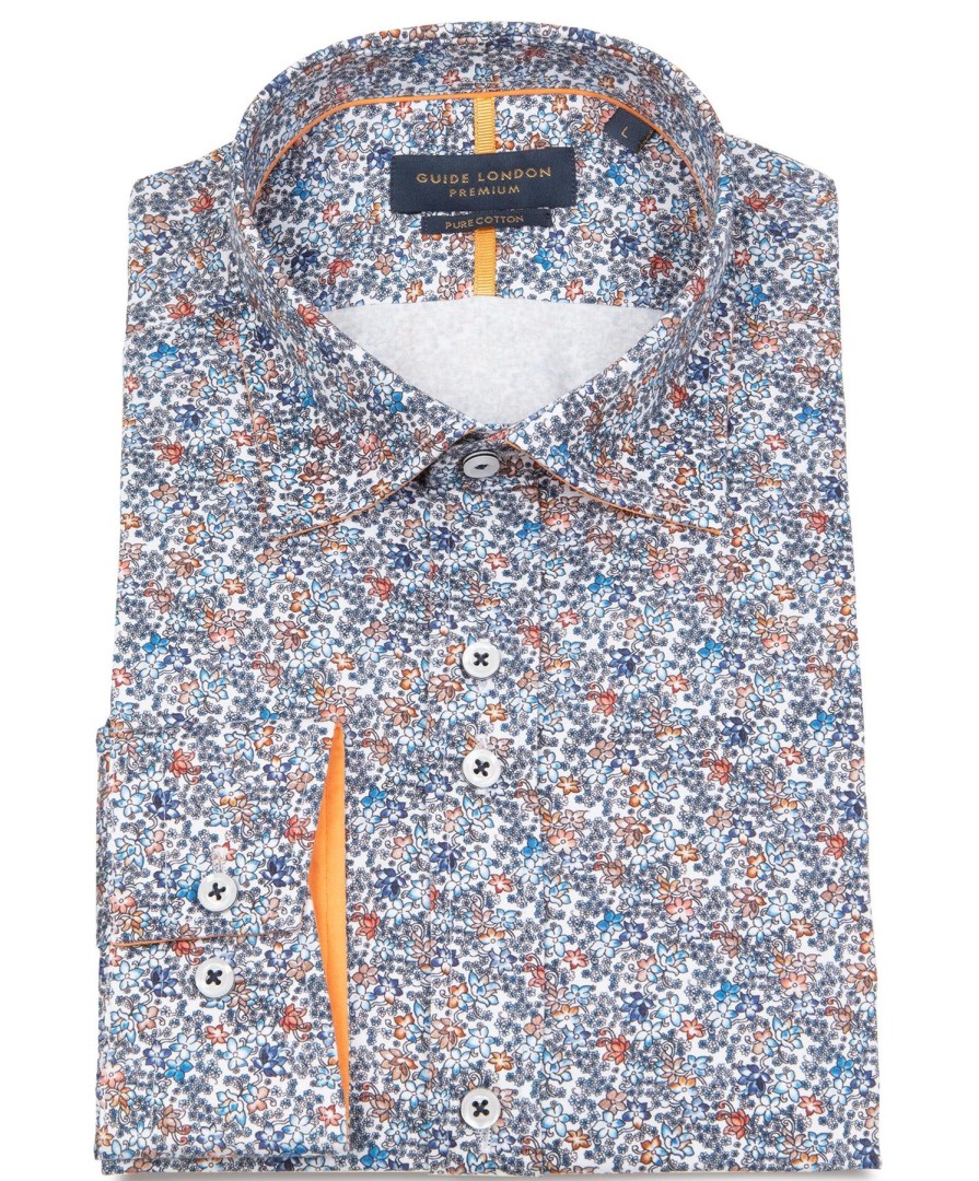 Guide London | Long Sleeve Small Floral Print Shirt White/Blue