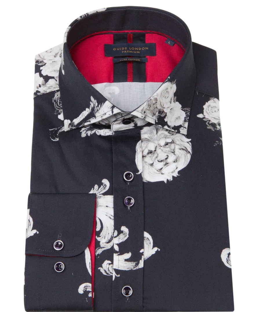 Guide London | Long Sleeve Lion Head And Fleur De Lis Print Shirt Navy