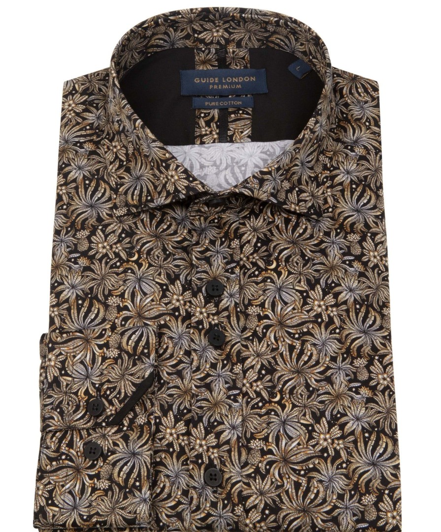 Guide London | Floral Long Sleeve Cotton Shirt Black/Tan