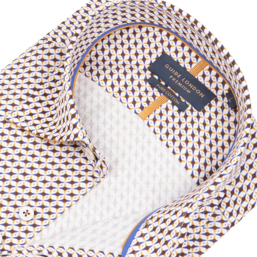 Guide London | Long Sleeve Geometric Print Shirt White/Navy