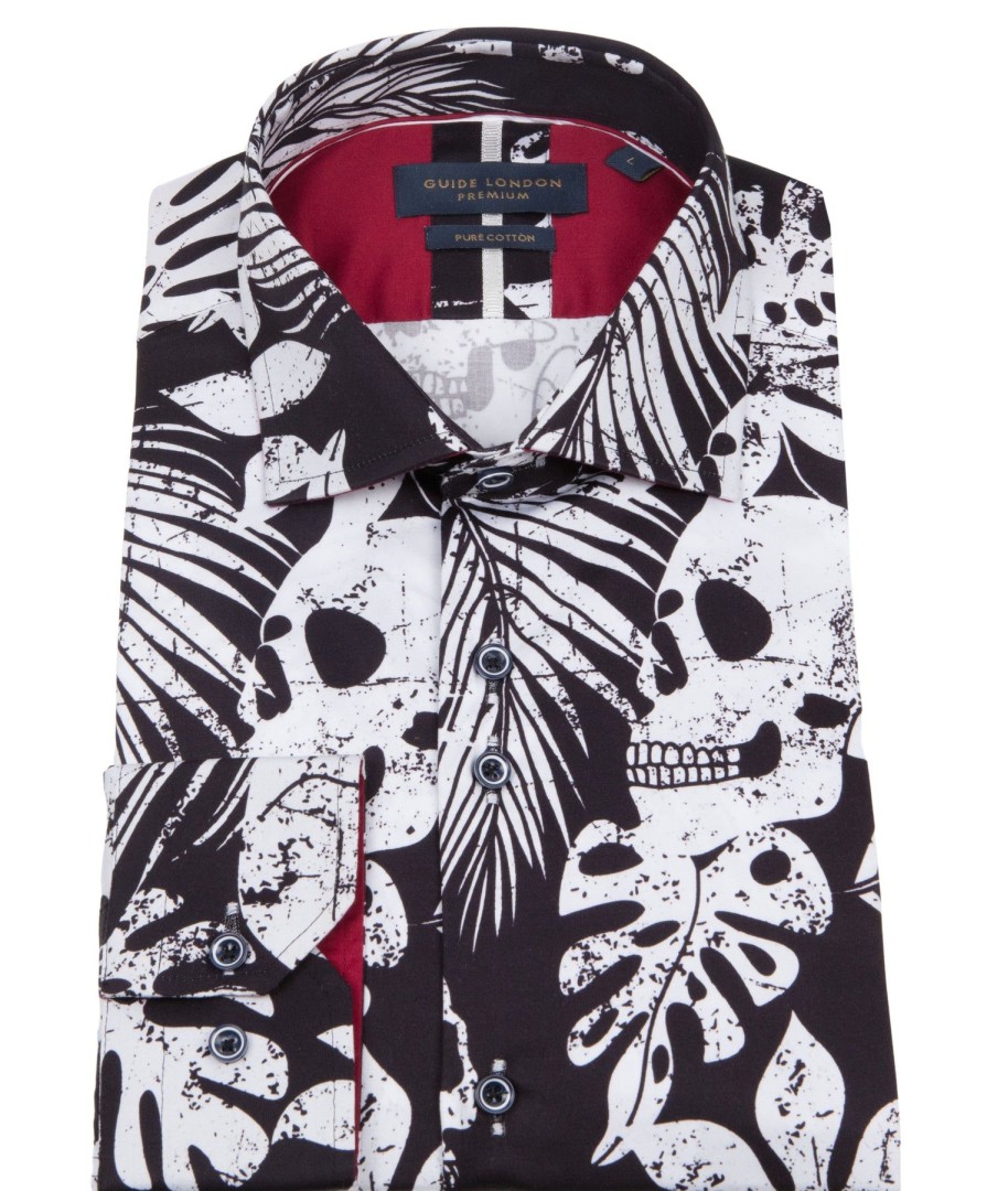 Guide London | Skull And Tropical Leaves Cotton Shirt Navy/White