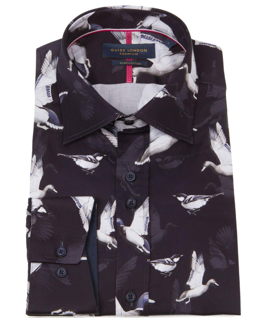 Guide London | Long Sleeve Printed Bird Shirt Navy