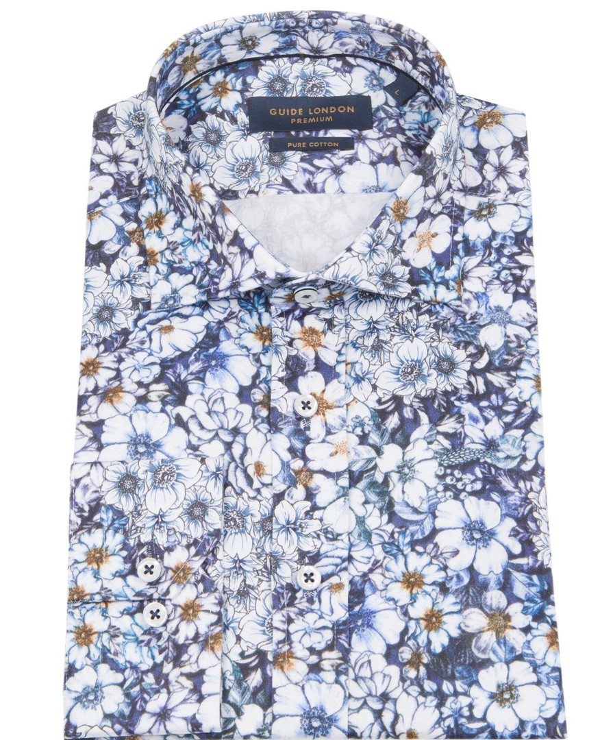 Guide London | Long Sleeve Illustrated Florals Shirt Blue