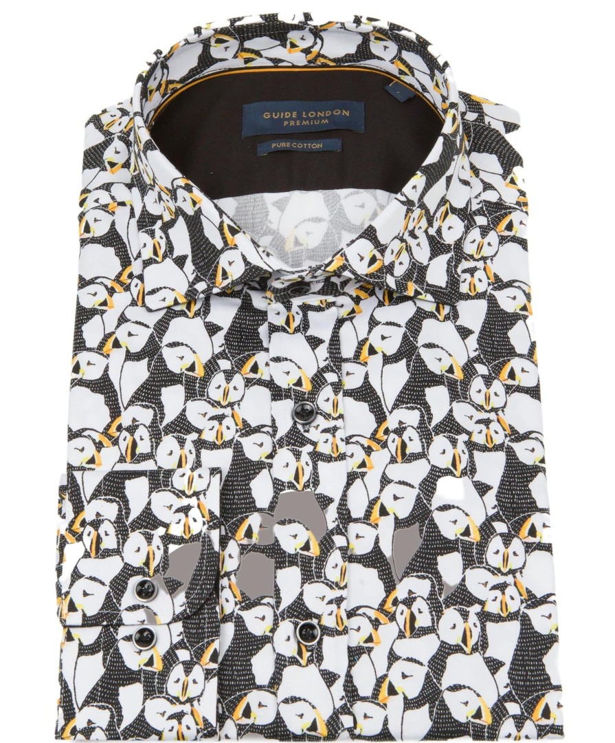 Guide London | Long Sleeve Puffin Print Shirt White/Black