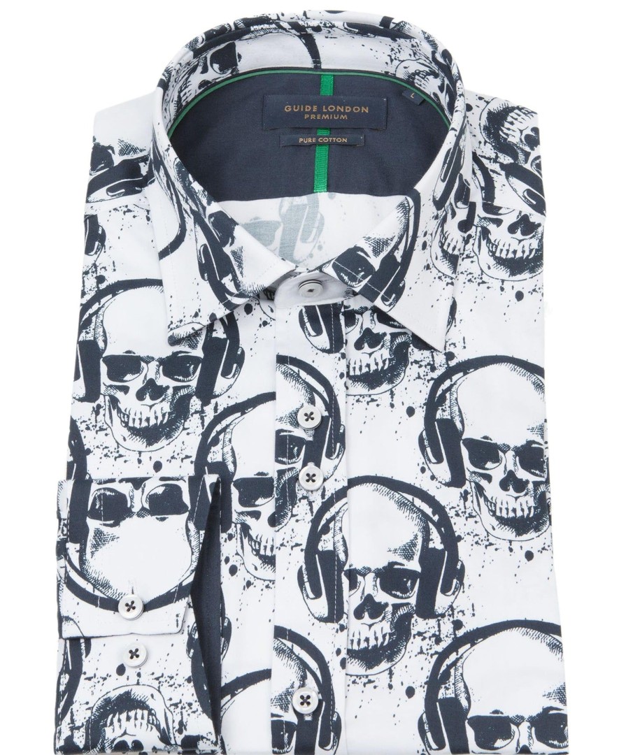 Guide London | Long Sleeve Retro Headphone Skull Print Shirt White/Navy