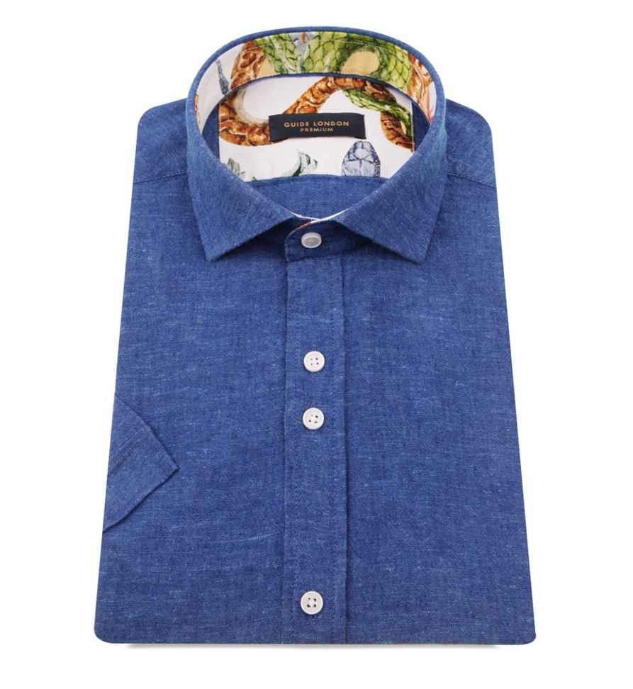 Guide London | Linen Blend Plain Shirt With With Printed Contrasts