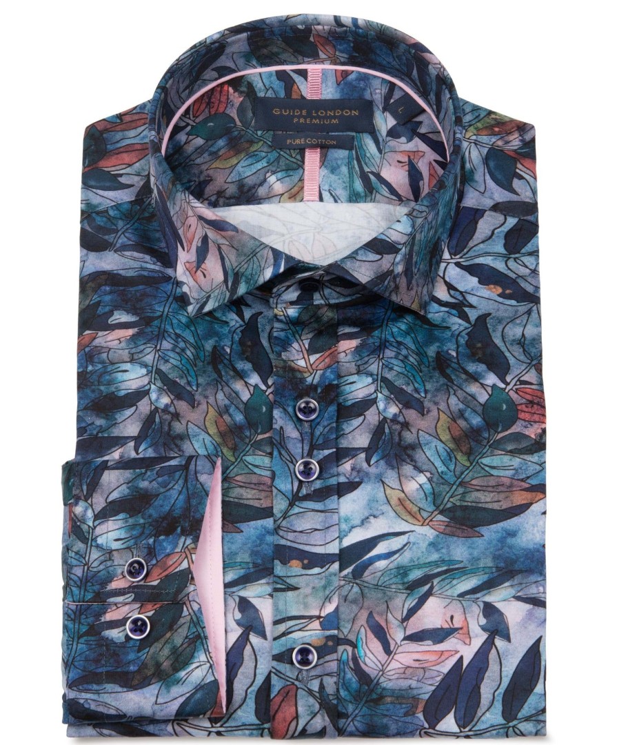 Guide London | Long Sleeve Leaf Pattern Cotton Shirt Navy/Multi