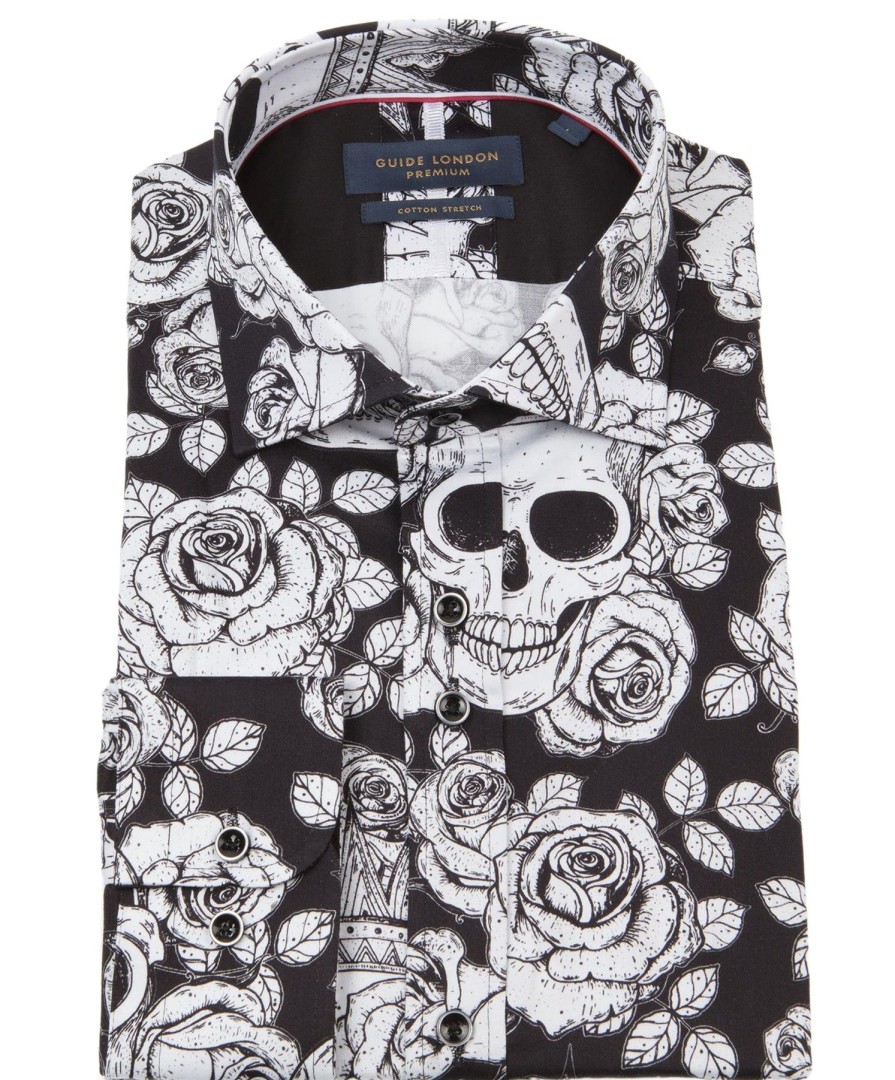 Guide London | Long Sleeve Large Scale Skulls And Roses Print Shirt Black/White