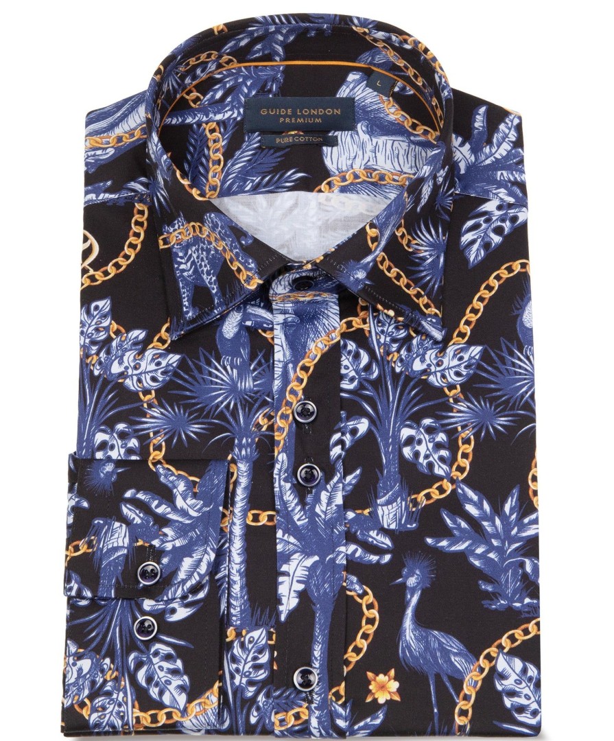 Guide London | Long Sleeve Negative Effect Flora And Fauna Print Shirt Navy