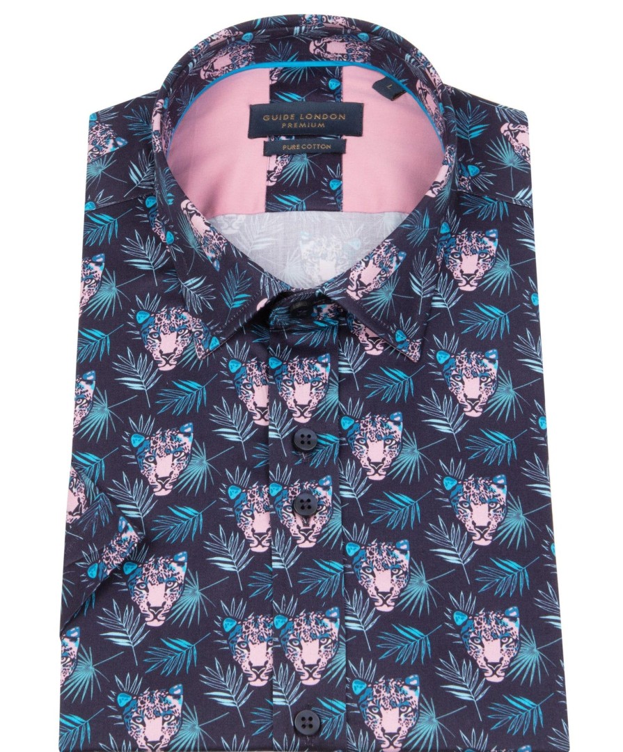 Guide London | Short Sleeve Leopard Face Print Shirt Navy/Pink