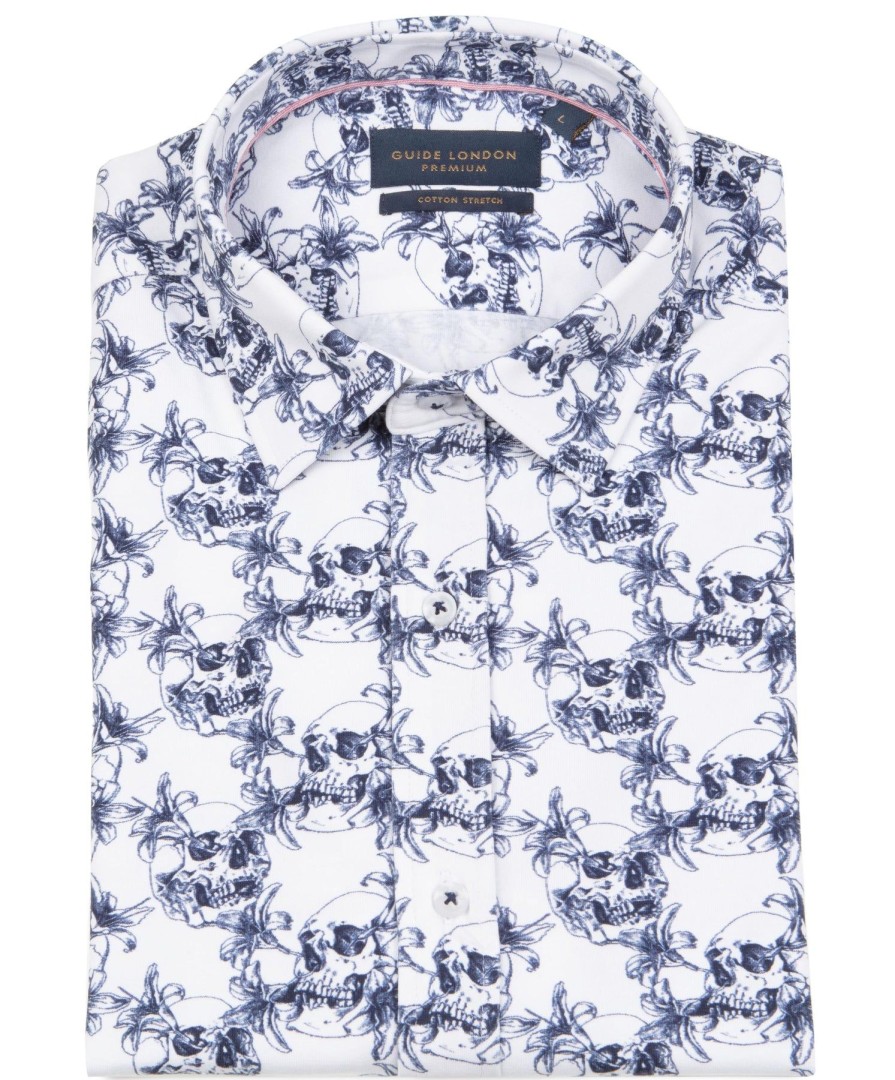 Guide London | Short Sleeve Skull Print Stretch Jersey Shirt White