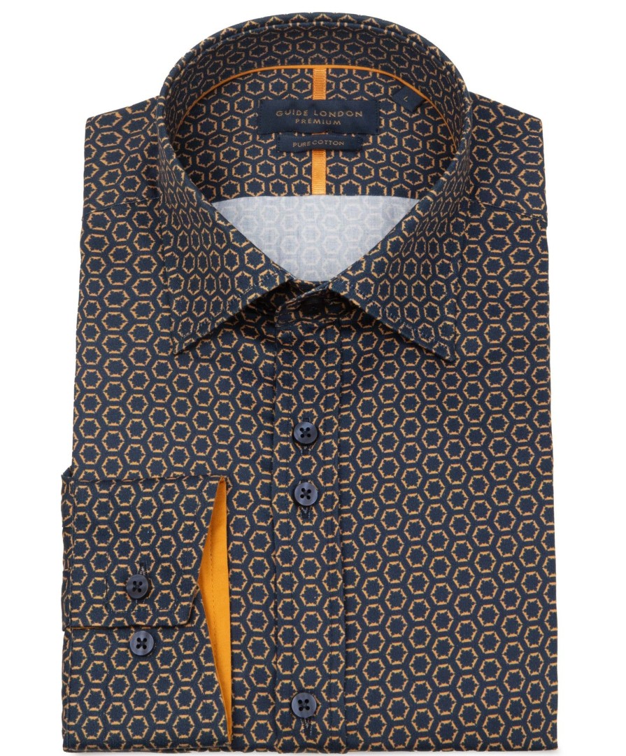 Guide London | Long Sleeve Geometric Pattern Cotton Shirt Navy/Tan