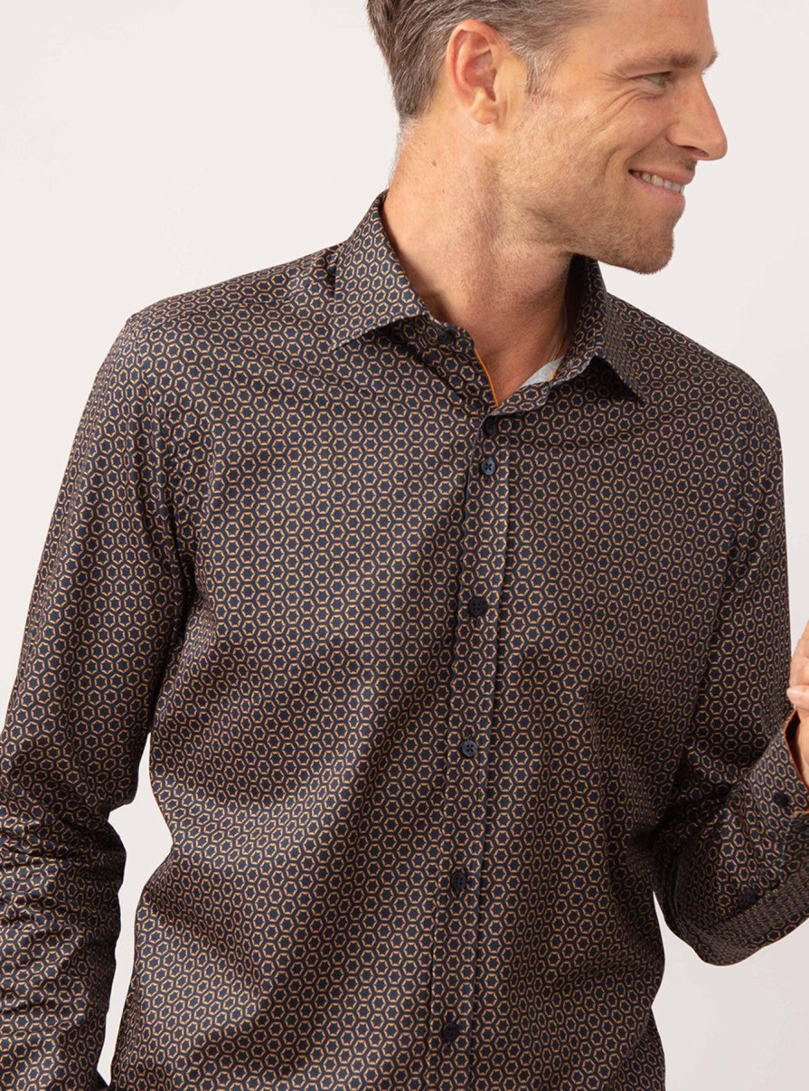 Guide London | Long Sleeve Geometric Pattern Cotton Shirt Navy/Tan