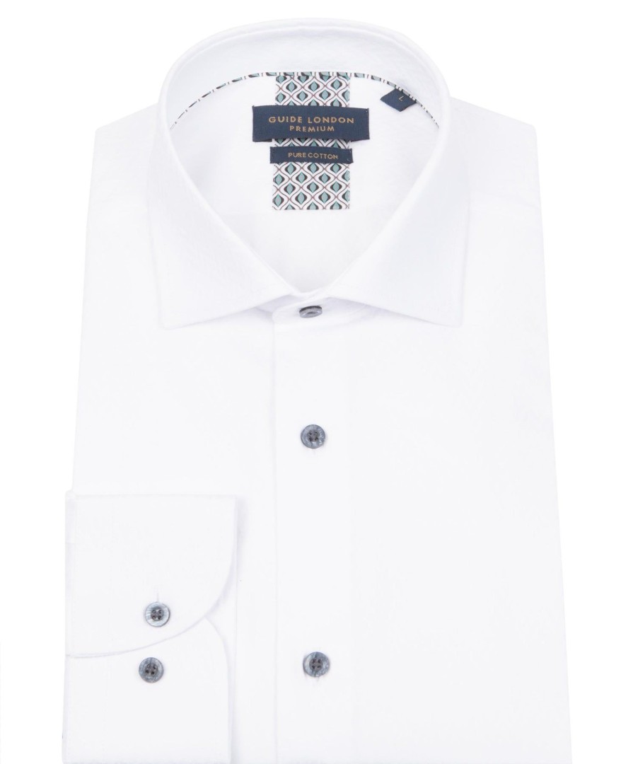 Guide London | Long Sleeve Herringbone Textured Shirt White